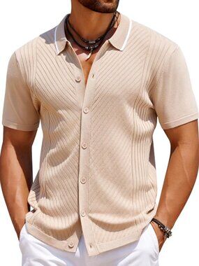 Men’s Sesame Knit Short Sleeve Button Down Vintage Polo Summer Shirt
